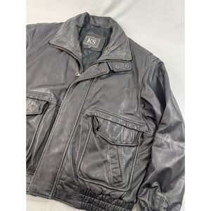 Vintage Y2k Black Full Zip Leather Bomber Flight Jacket XL Mens Quilted  Heavy